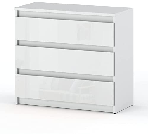 MRBLS Kommode mit 3 Schubladen Sideboard Schubladenschrank Kleiderschrank Modern Möbel mit Schubladen für Ihr Schlafzimmer (Weiß Matt - Weiß Glanz) – 80 x 71,5 x 33,5 cm (B/H/T)