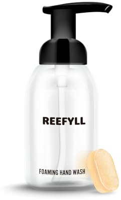 Reefyll Foaming Soap Dispenser Starter Pack with Refillable Bottle 250ml and Hand Soap Tablet x1 for Bathroom Kitchen Countertop Refillable Foam Soap with Tropical Coconut Scent