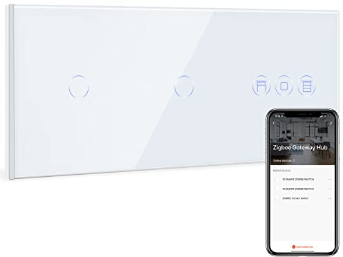 BSEED Smart ZigBee Lichtschalter mit Rolladenschalter, Doppel 1 Fach Smart Home ZigBee Schalter mit Zigbee Rolladensteuerung arbeitet mit Smart Life/Tuya, Alexa und Google Home Weiß (Hub erforderlich)