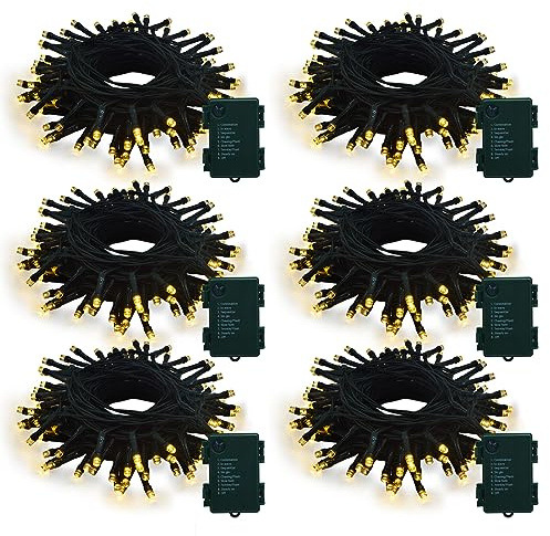 CCILAND Paquete de 6 tiras de 100 luces LED que funcionan con pilas, luces de hadas de alambre verde de 10 m con temporizador automático para decoración de fiestas de árbol de Navidad en interiores y