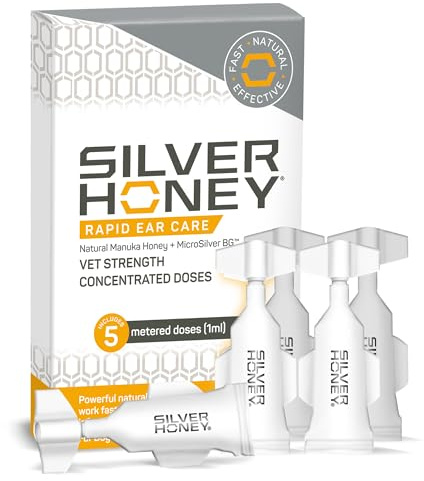 Absorbine Silver Honey Rapid Ear Care Vet Strength Concentrated Doses, 5 Ear Drops for 10 Days on 1 Ear for Dogs & Cats, Medical Grade Manuka Honey & MicroSilver BG