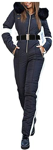 Combinaison de Ski Femmes Hiver Chaude Peluche Capuche Couleur Unie Overall Neige Sports de Plein Air Zipper Ski Suit Imperméable Coupe-Vent Jumpsuit Grande Taille