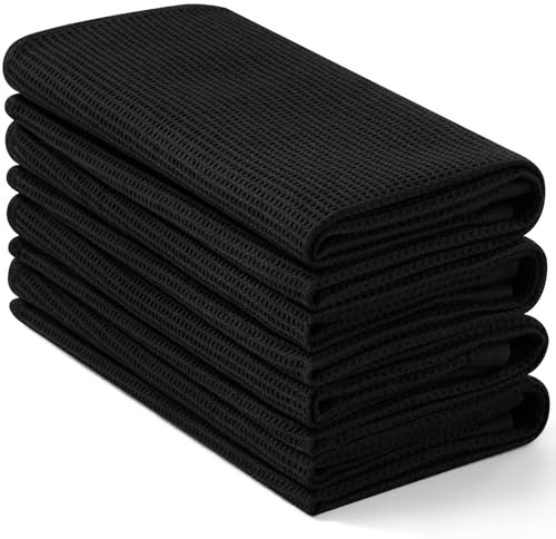 Homaxy 100% Cotton Waffle Weave Kitchen Towels - 4 Pack Soft and Absorbent Dish Towels - 16 x 26 Inches Quick Dry Hand Towels - Black