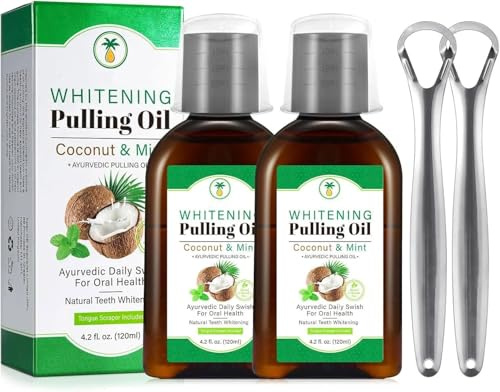 Coconut Mint Oil Pulling, 2 Pack Whitening Oil Pulling Mouthwash for Teeth and Gums with Tongue Scraper &Measuring Cup