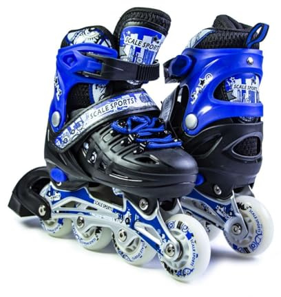 Scale Sports - Adjustuble Roller Skates with light up wheels for children and adults - Kids Inline Roller Skates (black-blue, UK 5-7 (EU 38-41) L)