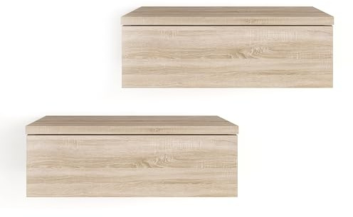 KOMTO Wandregal mit Schublade Sonoma Eiche - Nachttisch Hängend 2er Set Nachttisch Wandmontage Wandschublade Nachtschrank Hängend | Monaco 42 x 30 x 15 cm