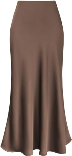 FZKun Gonna Lunga In Satin Da Donna - Gonna Estiva Elegante E Fluida In Tinta Unita Vita Alta Elastica Linea A Gonna Sirena Modesta Gonne Da Lavoro Classiche (S,Marrone)