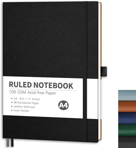RETTACY Notizbuch A4 Liniert – 96 nummerierte Seiten, 100 g/m² Papier | Journal & Tagebuch, Softcover, kein Tintenfresser, Innentasche – für Berufstätige, Studenten, Meetings - Schwarz