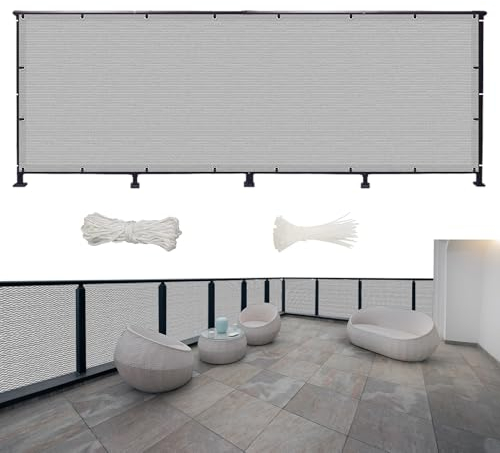 Balkon Sichtschutz Ohne Bohren 300 x 155 cm Blickdichte Wind Uv-Schutz, Balkonverkleidung Sichtschutz, mit Kabelbinder Und Kordel, für Camping Swimming Pool, Grau