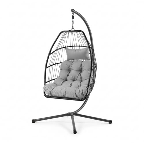 Home Republic Foldable Hanging Egg Chair with Stand – Rattan Swing Chair with Waterproof Cushion – Indoor/Outdoor Garden Patio Use Hammock Pod (Miami Black, One Seater)