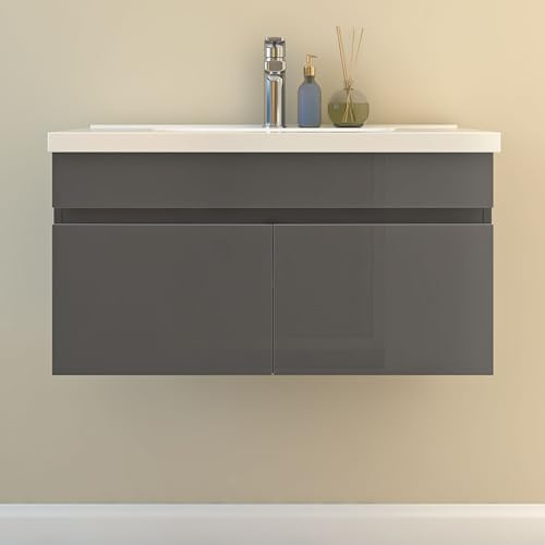 HAPAOSO 80cm Badmöbel Set Badezimmer Waschtisch mit Unterschrank Gäste WC Anthrazit Hochglanz