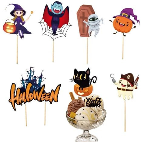 Vampire Cupcake Topper, Cupcake Topper, 7 x Halloween Cupcake Picks, Castle, Zombie, Ghost, Witch, , Vampire, Paper Cupcake Toppers, Decorations for Children, Children