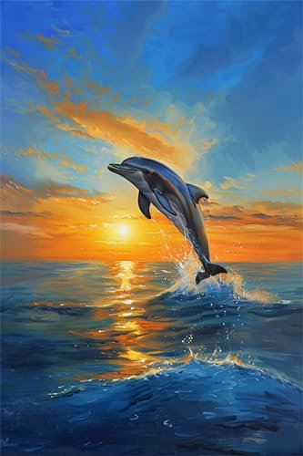 Malen Nach Zahlen Erwachsene Sonnenuntergang Malen Nach Zahlen Delphin Paint by Numbers Anfänger kinder,Handgemalt Ölgemälde Leinwand Kits mit Acrylfarben Bastelset,Home Deko,Frauen Geschenk 40x50cm