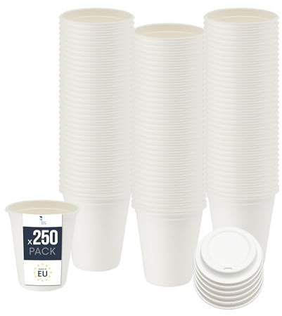BenBow Einwegbecher aus Zuckerrohr mit Deckel, Weiß, 250 ml x 250 - Hochwertige Becher, Besser als Pappbecher, Umweltfreundlich, Recycelbar, für Heiße und Kalte Getränke, Ideal für Partys oder Kaffee