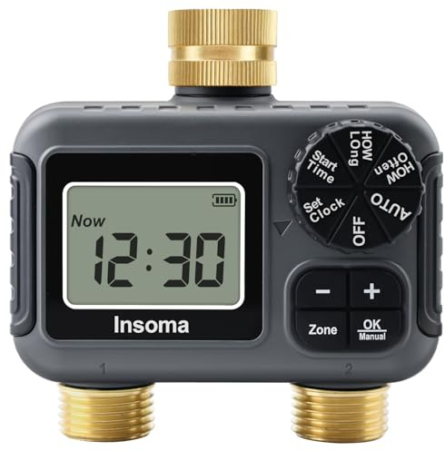 Insoma 2-Zone Water Timer Brass Inlet/Outlet, Programmable Outdoor Hose Faucet Timers with Auto/Manual Modes + Rain Delay, Waterproof Sprinkler Timer for Garden, Lawn, Yard, Pool | Save Water & Money