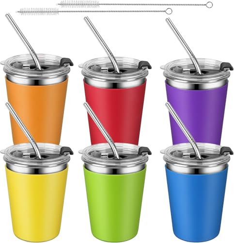 KAHEIGN 6Pcs Stainless Steel Cups with Lids & Straws, 360ml Unbreakable Kids Tumbler Reusable Drinking Cup Travel Mug Iced Coffee Cup with Removable Silicone Sleeves for Adults Kids Cold Hot Drinks