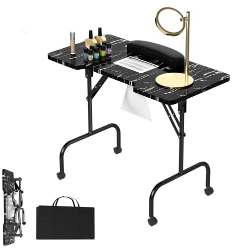 LARS360 Table de Manucure Aspiration Pliable Table de Manucure Table de Manucure Table Portable à Roulettes Sac de Transport Grain Noir