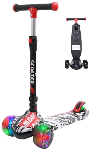 Habib Kinderroller mit LED Leuchträdern, Klappbar Tretroller 3-12 Jahre, Höhenverstellbar Scooter für Mädchen & Jungen, Roller Kinder mit Rutschfesten Griffen & Hinterradbremse