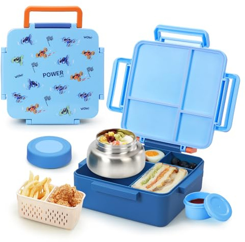 Norxely Bento Box for Kids with Thermos, [Large Capacity] Insulated Kids Lunch Box with 4 Compartment for Ages 3+, Drop-Proof & Dishwasher Safe Lunchbox Container Blue