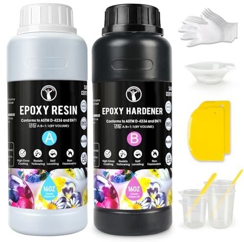 ResinAngel 1000ml / 32oz Epoxidharz-Set – Einfach zu mischendes 1:1 kristallklares Epoxidharz, selbstnivellierend, ohne Blasenbildung, vergilbungsfrei, Schmuckherstellung, Holz & Harzformen
