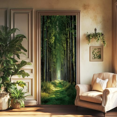 arricraft 2 Stück Selbstklebende Türaufkleber 31.5X78.7 3D Türaufkleber Mit Grünem Wald Und Graspfadmuster PVC Türen Entfernbare Tapetendekoration Für Schlafzimmer Wohnzimmer Heimdekoration
