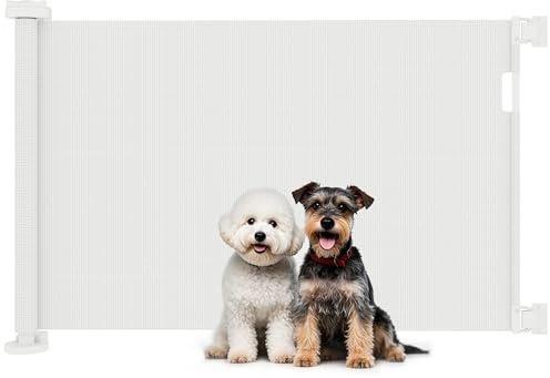 PawHut Barrera de Seguridad Retráctil para Perros Pequeños 0-136 cm Blanco | Puerta Extensible, Interruptor de Cierre, Red de Seguridad, para Pasillos Escaleras Interiores y Exteriores