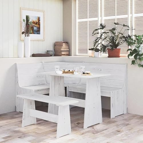Bladez Banco esquinero de 3 piezas, color blanco puro de madera de pino maciza, mesa de esquina para salón, duradera y elegante, solución de ahorro de espacio para espacios pequeños