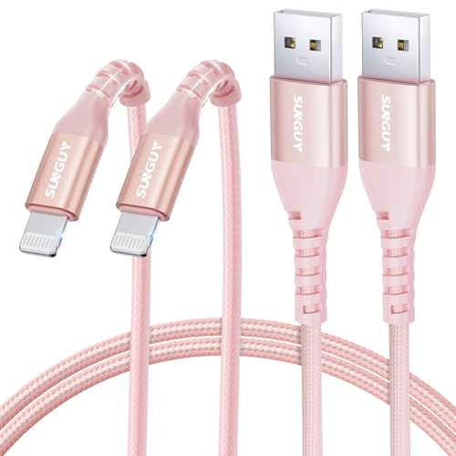 SUNGUY Cavo di ricarica per iPhone, 2 pezzi da 1m, USB a Light-ning cavo in nylon compatibile con Carplay iPhone 14/13/12/11 Pro Max Mini Xs 8 7 6 5 Plus, iPad Air/Mini Rosa
