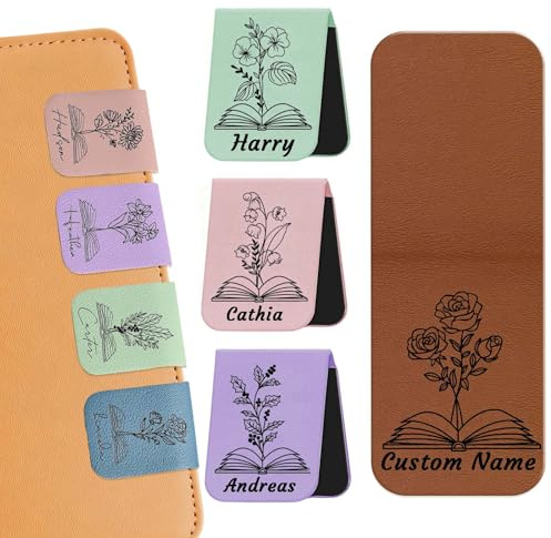 Personalisiertes Magnetisches Lesezeichen aus Leder Individuelle Lesezeichen mit Namen und Geburtsblume Geschenk für Buchliebhaber Frauen Männer (Stil-A)