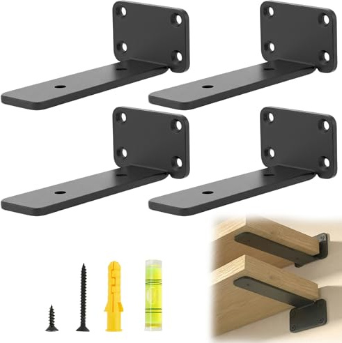 ERMWALR 4Pcs Heavy Duty Shelf Brackets 10cm,Scaffold Board Shelf Brackets,Black Wall Mounted L Shape Hidden Bracket with Screws Cold Rolled Steel Floating Shelving Supports for Kitchen Living Room
