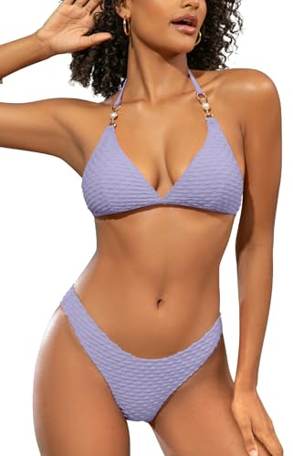 SHEKINI Women's Triangle Bikini Set High Cut Textured Halter Neck Swimsuit | Adjustable Ties at the Neck and Back, Sexy Low Waisted Bathing Suits Swimwear, Removable Pads, Brazilian Bikini Bottoms