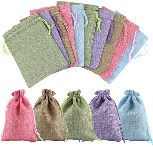 KNUIUYY 10 Pièces Sacs en Jute avec Cordon de Serrage, 10x14 cm Sachets en Lin, Sacs Cadeau Réutilisable, Sachet Bijoux, pour Lavande/Bijoux/DIY/Mariage/Fête/Noël (5 couleurs)