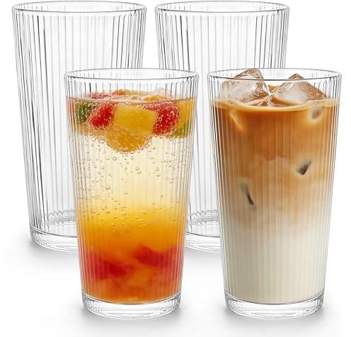 Iceten Ribbed Clear Glass Cups, 350mI Iced Coffee Cup Set, 4pcs Drinking Tumblers, Highball Cups for Juice, Lemonade, Cocktail, Tea, Smoothie