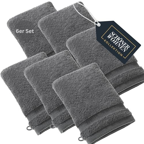 SCHÖNER WOHNEN 6er Set Premium Frottee Waschhandschuh Baby 16x21 - saugstark 500g/m² - Luxus Waschlappen anthrazit - 100% Baumwolle - flauschig für Kinder Körper - Handtuch-Set - Öko-Tex
