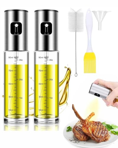 GRETY 5 flaconi spray per olio d'oliva per cucinare, spruzzatore per olio d'oliva in vetro da 100 ml,per friggitrice ad aria,dispenser per aceto da cucina domestica,con imbuti in plastica, 1 spazzola