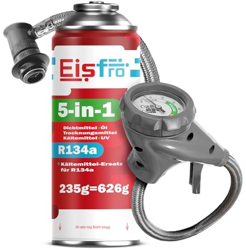 Eisfro - 5-en-1: Refrigerante R134a + Manguera, 235 g por Botella, para Aire Acondicionado de automóvil con Aceite, aditivo sellador, colorante UV, Agente deshidratante – Protege el compresor