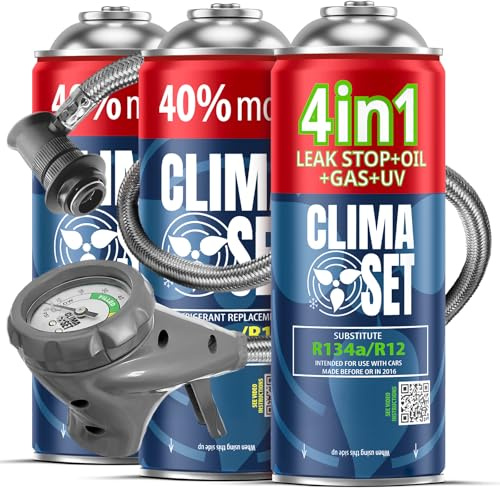 CLIMASET - Kit de Recarga de Aire Acondicionado para Coche - 4 en 1 R134a + 2X Gas y Aceite R134a + Manguera - para vehículos de 1994 a 2016, Manguera Moderna y fácil de Usar, manómetro