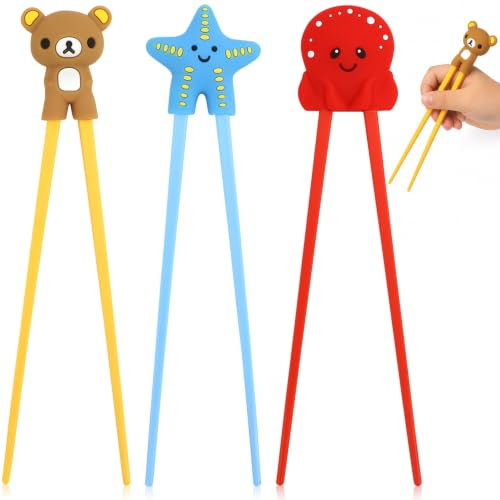 Palillos Chinos Para Niños 3PCS Palillos de Entrenamiento Chopsticks Helper Reutilizables Antideslizantes Cartoon Design Ideales para Principiantes y Niños Pequeños