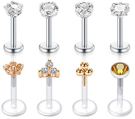 VFUN 16G Chirurgenstahl Labret Studs Monroe Piercing Lippenpiercing Retainer Cartilage Tragus Nail Conch Helix Ohr Barbell Piercing Schmuck mit Diamond CZ für Damen Herren
