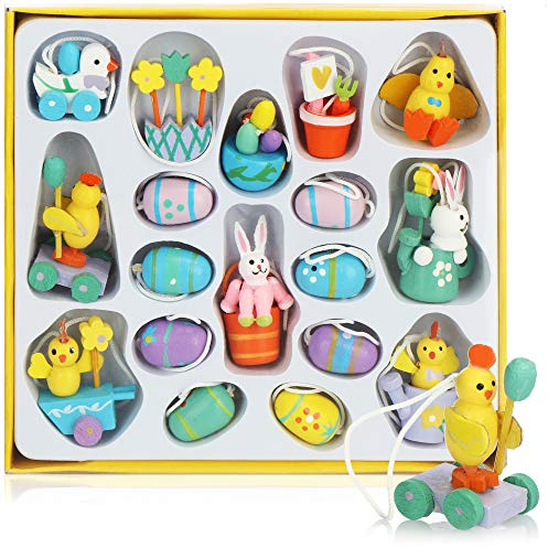 com-four® 18-teiliges Set Holzfiguren Ostern bis 4 cm - Osterschmuck aus Holz - Holzfiguren für den Osterstrauch zum Anhängen (18 Anhänger bunt)