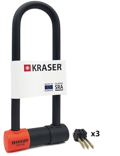 KRASER KR85L Antivol Moto Homologué SRA | Promo Model Plus Robust | U ø18mm Acier Cémenté, Double Verrouillage, 3 Clés Haute Sécurité Anti-crochetage, Recommandé Assurances, Antivol Vélo en U 85x300mm