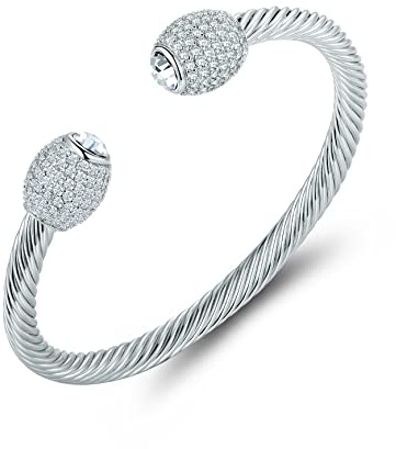 Barzel 18K Gold Plated Crystal Cable Bangle Bracelet For Women - Cuff Bangle Bracelet (Silver)