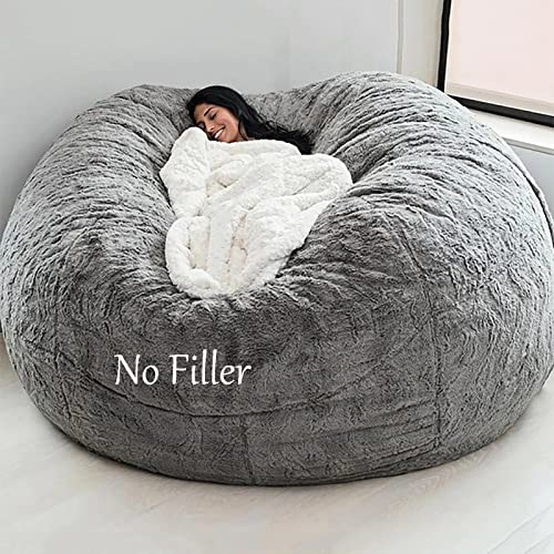 YHNMK Bean Bag Chair Cover, Giant Breathable And Comfortable for Adult Living Room Light Grey Big Round Soft Fluffy Faux Fur BeanBag Lazy Sofa (No Filler), 5FT 135X65cm
