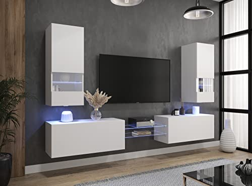 Furnitech Wohnwand Wohnzimmer | Wohnzimmer Möbel mit LED Weiß | Hängend Wohnwand Modern | Wohnzimmer Schrankwand mit Regale und TV Schrank (AN21-NEW-21W-M4-1B)