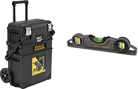 Stanley FATMAX Cantilever Rolling Toolbox Trolley, 4 Level Workstation with Portable Tote Tray for Tools and Small Parts, 1-94-210 & 0-43-609 Xtreme Torpedo Scaffold Level, 25cm