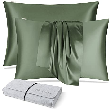 DISANGNI 100% Soie pour Cheveux et Peau, Fermeture éclair dissimulée,22 mommes,taies d'oreiller en Pure Soie de mûrier Naturelle des Deux côtés(Vert,2 pièces51x66cm