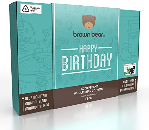 Happy Birthday Coffee Beans Gift Box Set for Coffee Lovers - 6 Blends in 1 Pack - Light Medium Dark Roast - For Him & Her - Brown Bear - Suitable for all Machines - Strength 3 4 5 – Men Women