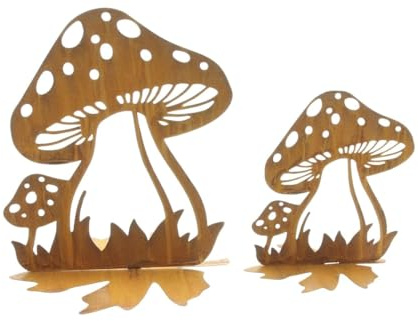 P712 Decorative Mushrooms Rust-Coloured Brown Metal Mushrooms Stake Garden Decoration Set of 2 Decorative Mushrooms Garden Decoration Stake 14 cm