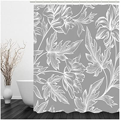 Whoiy Duschvorhang Weiß Textil, Duschvorhang Eckbadewanne 150X200cm Polyester Badegardinen Blätter Grau für Badezimmer