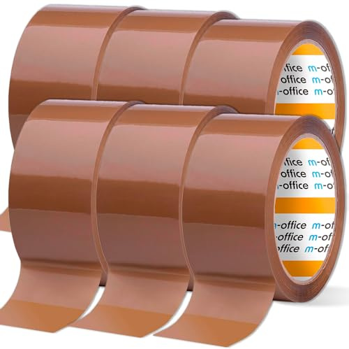 m-office Cinta Adhesiva, Cinta Adhesiva Marrón de Embalar, Rollo de Cinta para Embalaje de Cajas, Envíos, Mudanzas y Manualidades, Precinto Seguro y Resistente, Cinta Adhesiva (6 unds, 36mmx66m)